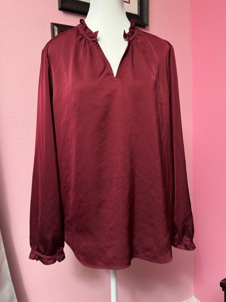 Ann Taylor Factory Burgundy Ruffled V-Neck Long Sleeve Blouse